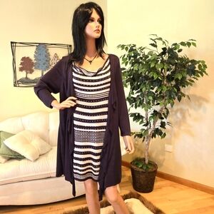 Dressbarn Studded, Striped Cowl Neck Dress with Ruffle Grey Jacket Size 1X